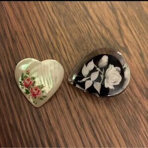 Vintage Estate heart brooch pins, Lucite Rose & MOP/Capiz